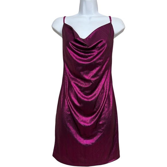 Sincerely Jules Dresses & Skirts - Y2K Mini Slip Dress XL Magenta Satin Cowl Neck Mini Glam Party Metallic Rave